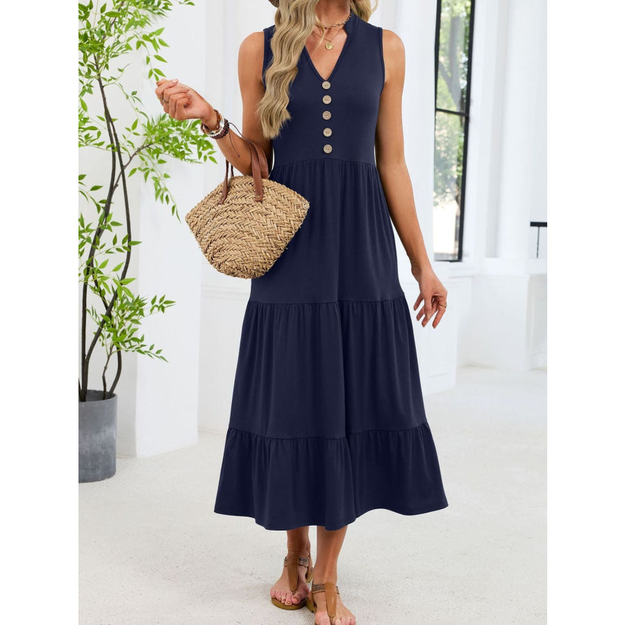 Sleeveless Notched Tiered Midi Dress Apparel and Accessories