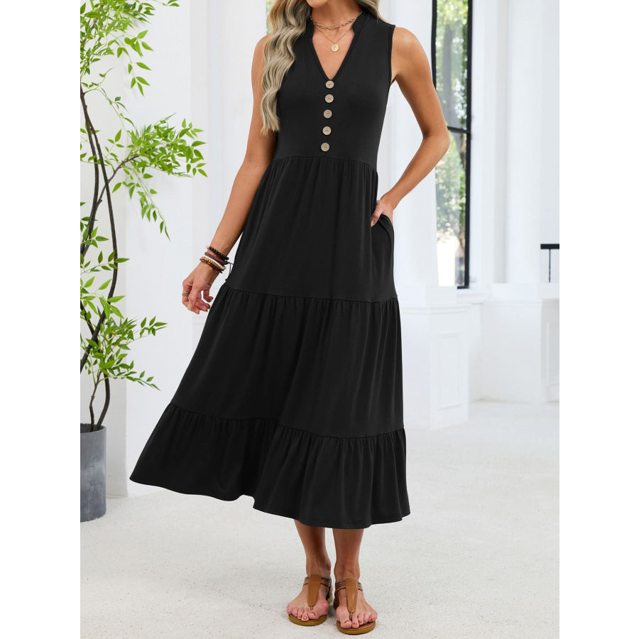 Sleeveless Notched Tiered Midi Dress Apparel and Accessories