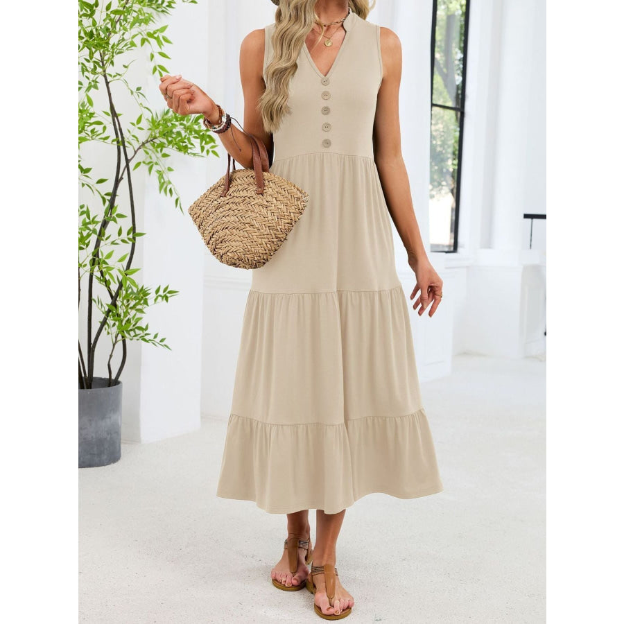 Sleeveless Notched Tiered Midi Dress Apparel and Accessories