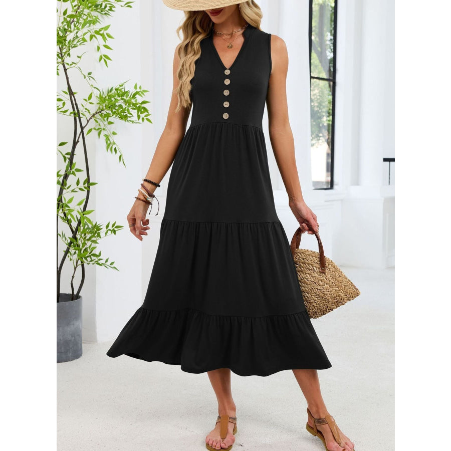 Sleeveless Notched Tiered Midi Dress Apparel and Accessories