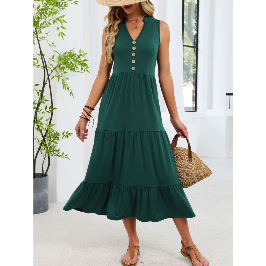 Sleeveless Notched Tiered Midi Dress Apparel and Accessories