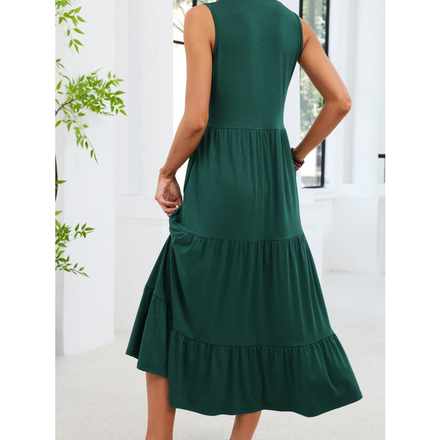 Sleeveless Notched Tiered Midi Dress Apparel and Accessories