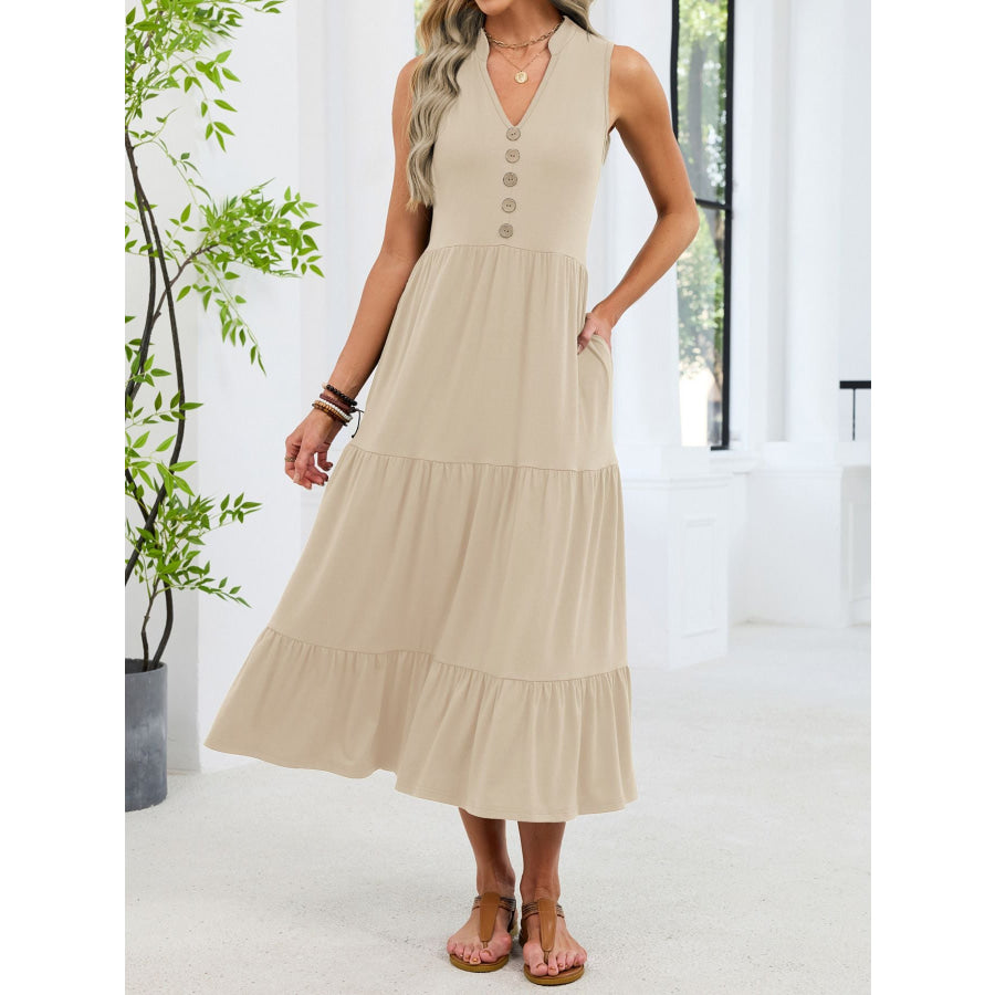 Sleeveless Notched Tiered Midi Dress Apparel and Accessories