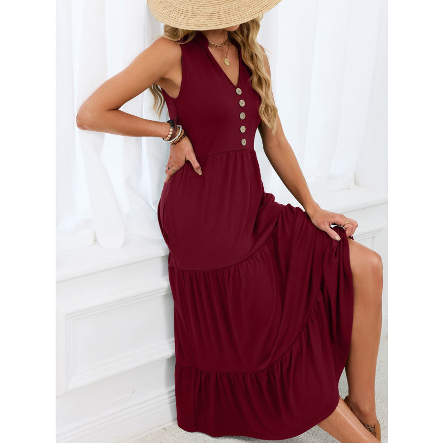 Sleeveless Notched Tiered Midi Dress Apparel and Accessories