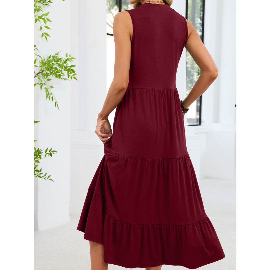 Sleeveless Notched Tiered Midi Dress Apparel and Accessories