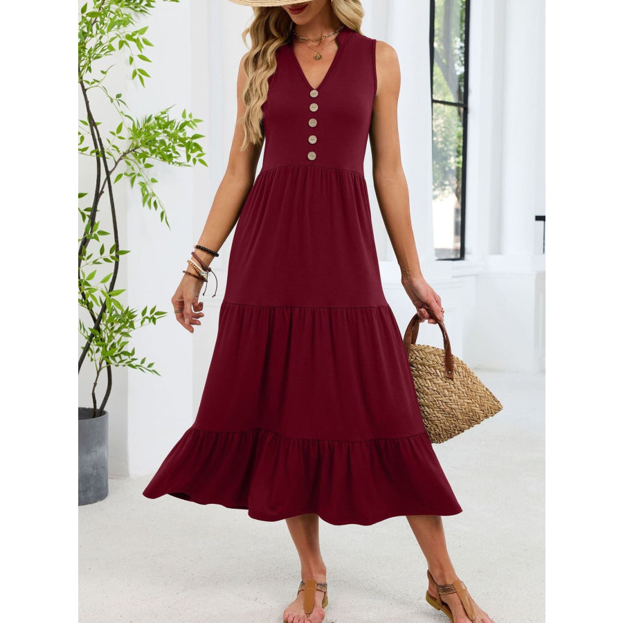 Sleeveless Notched Tiered Midi Dress Apparel and Accessories