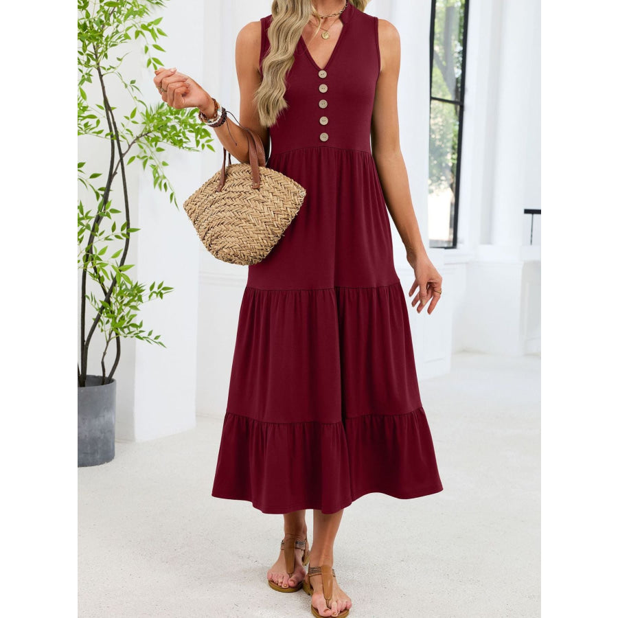 Sleeveless Notched Tiered Midi Dress Apparel and Accessories