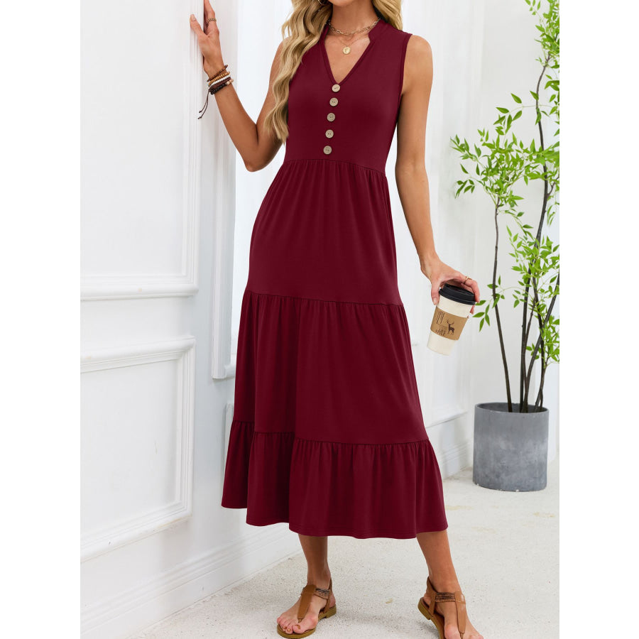 Sleeveless Notched Tiered Midi Dress Apparel and Accessories