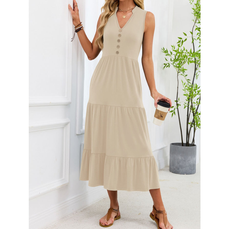 Sleeveless Notched Tiered Midi Dress Apricot / S Apparel and Accessories