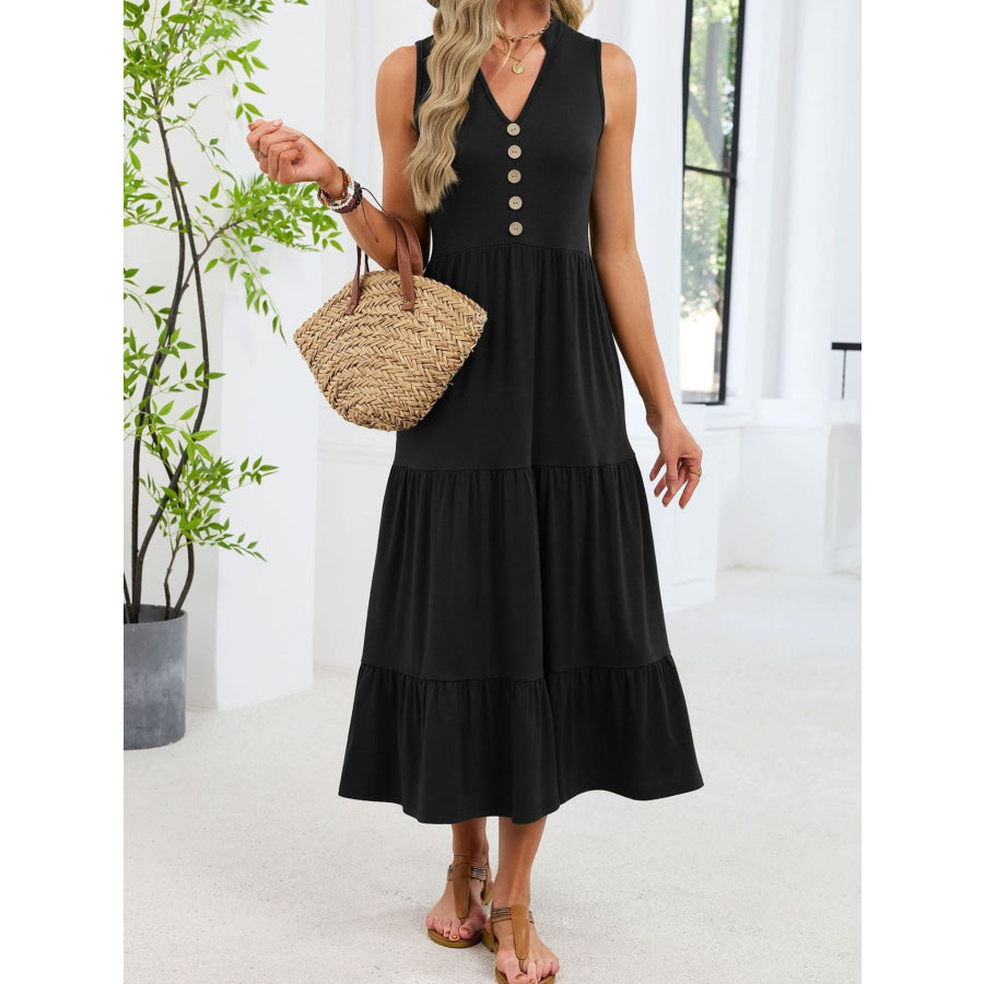 Sleeveless Notched Tiered Midi Dress Black / S Apparel and Accessories