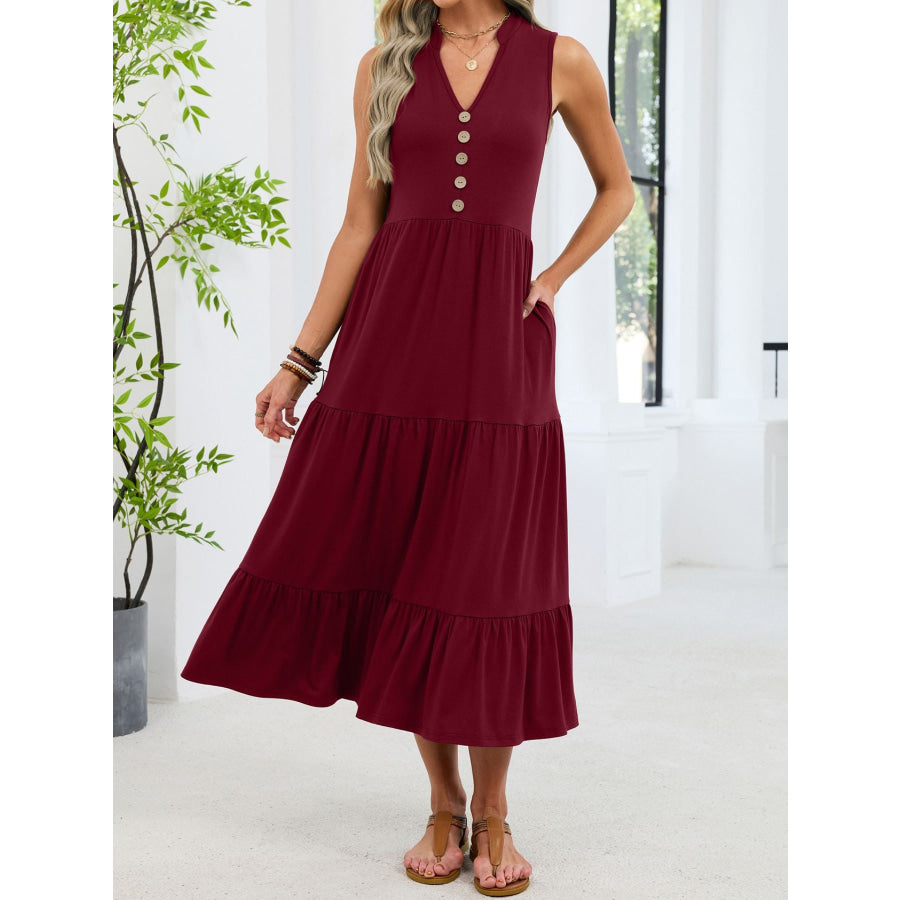 Sleeveless Notched Tiered Midi Dress Burgundy / S Apparel and Accessories