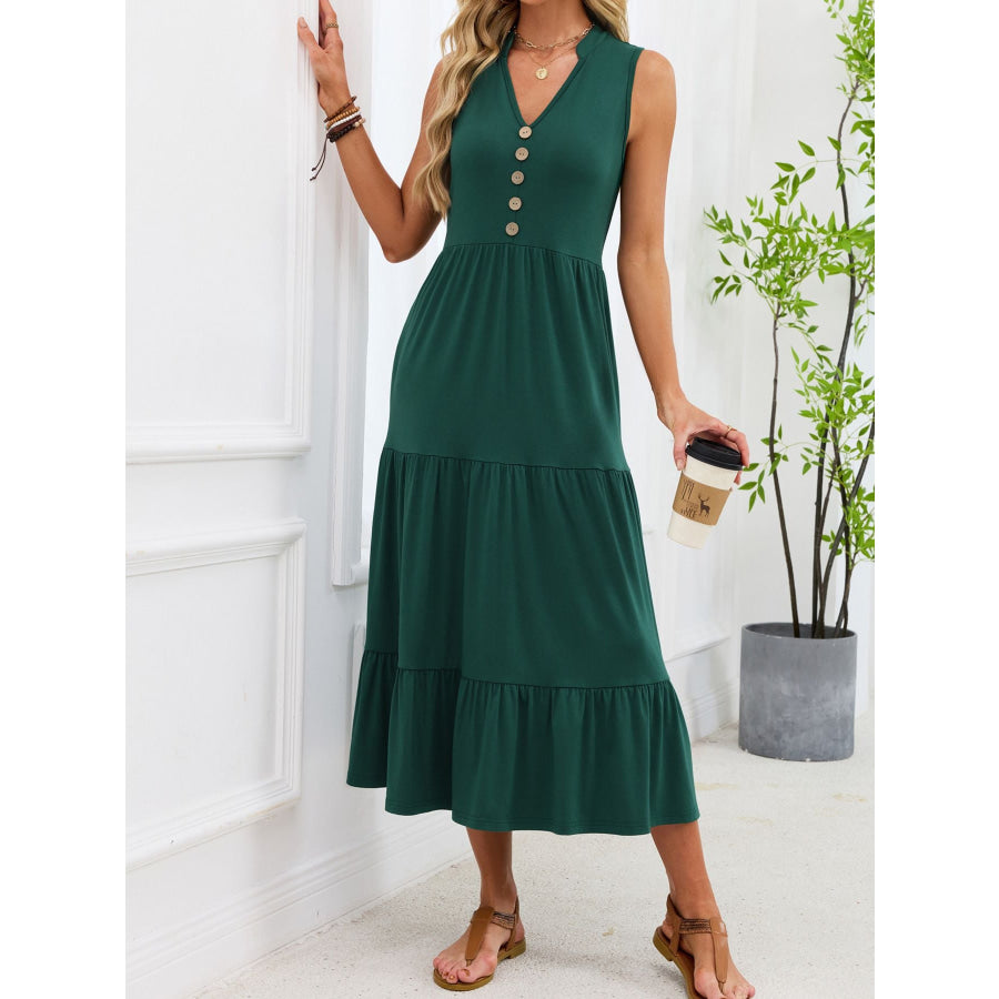 Sleeveless Notched Tiered Midi Dress Dark Green / S Apparel and Accessories