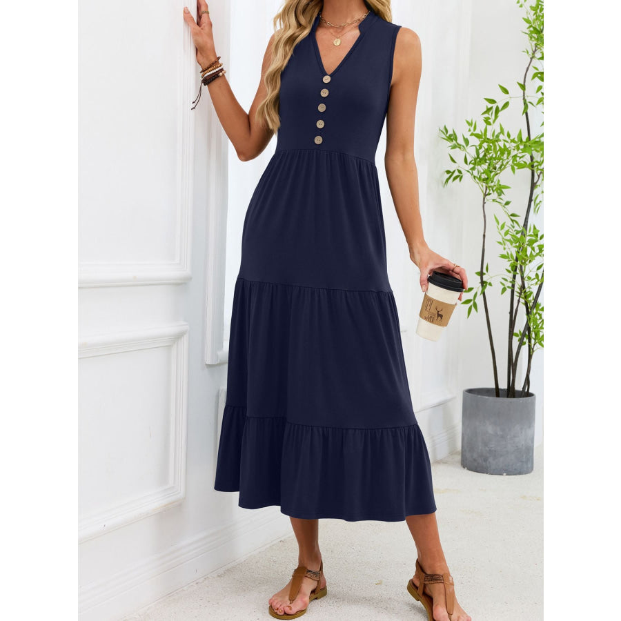 Sleeveless Notched Tiered Midi Dress Navy / S Apparel and Accessories