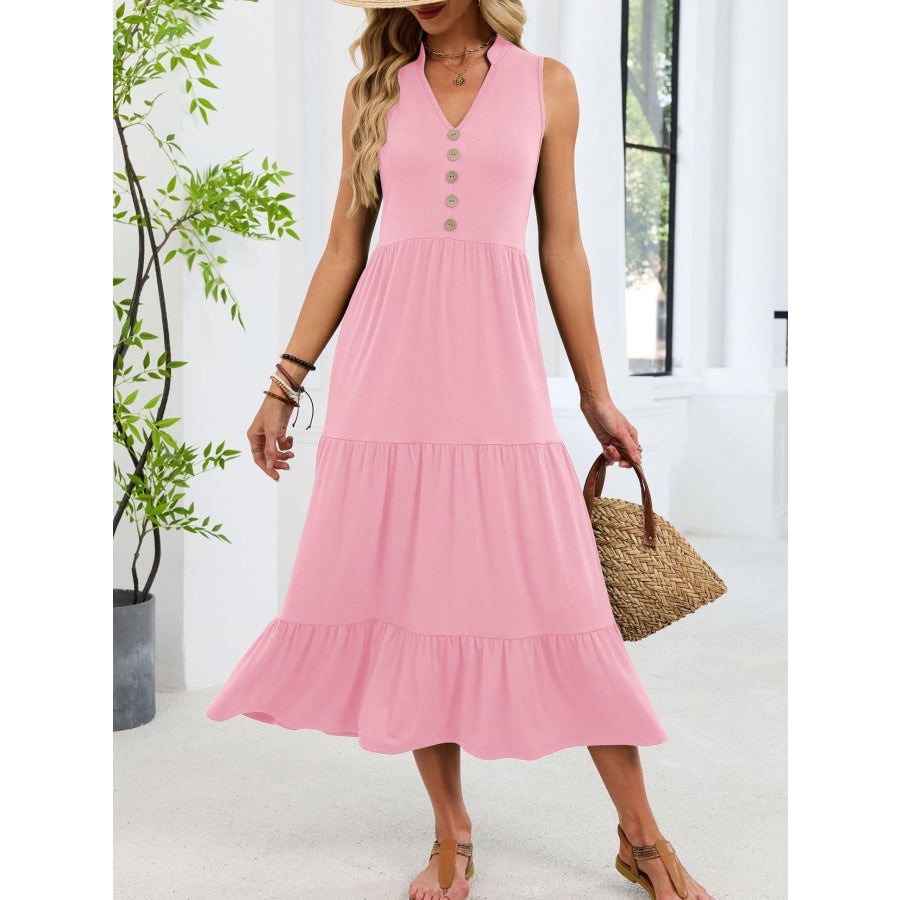 Sleeveless Notched Tiered Midi Dress Pink / S Apparel and Accessories