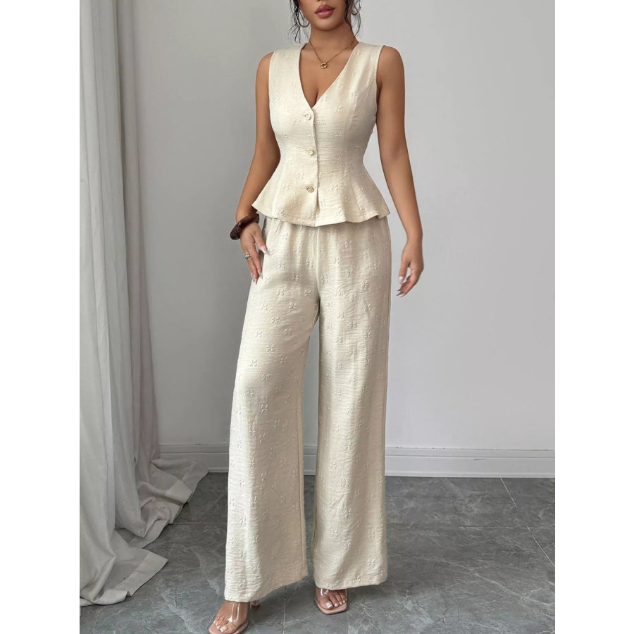 Sleeveless Peplum Top and Wide Leg Pants Set Apricot / S Apparel and Accessories