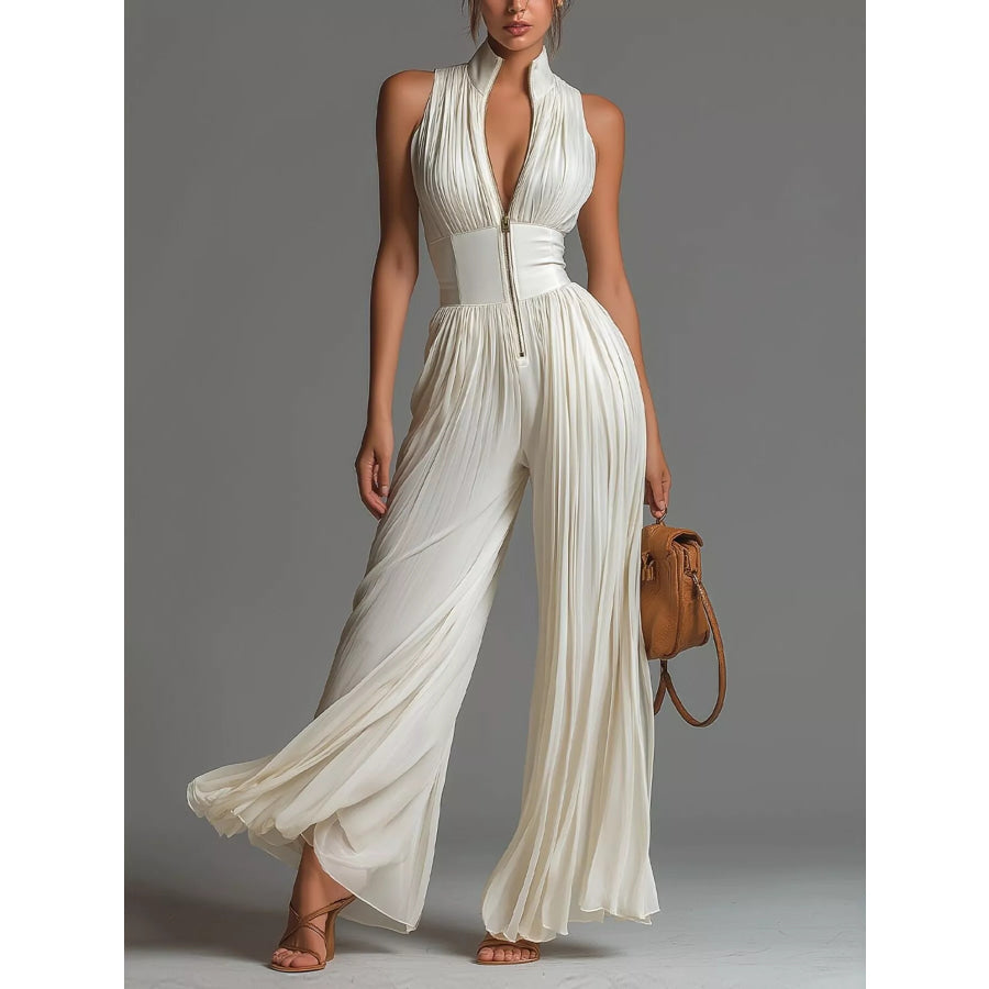 Sleeveless Pleated Jumpsuit with Front Zipper Apparel and Accessories