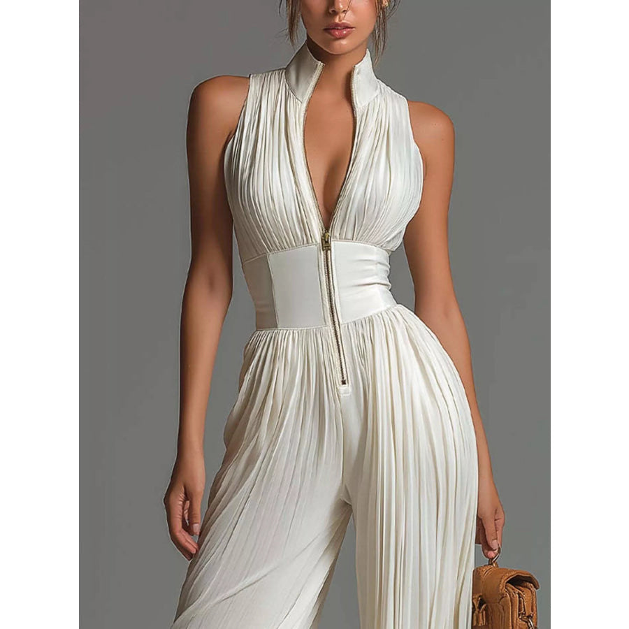 Sleeveless Pleated Jumpsuit with Front Zipper Cream / XS Apparel and Accessories