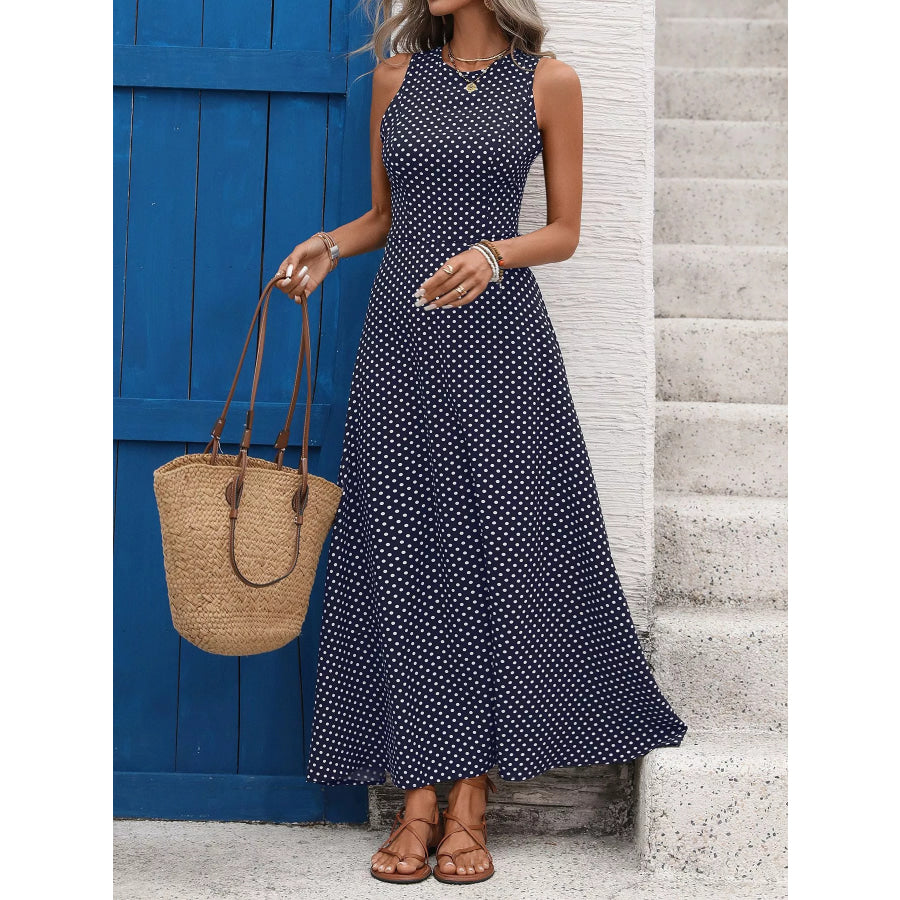 Sleeveless Polka Dot Maxi Dress Dark Blue / S Apparel and Accessories