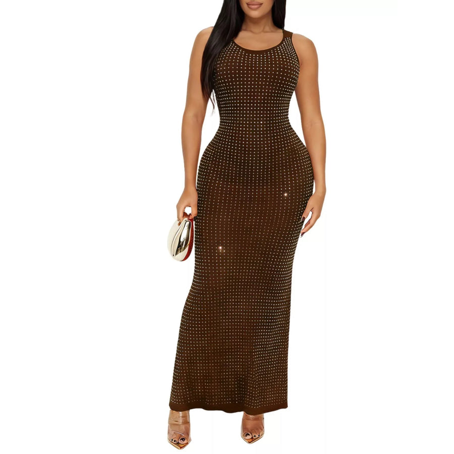 Sleeveless Rhinestone Embellished Bodycon Maxi Dress Brown / S Apparel and Accessories