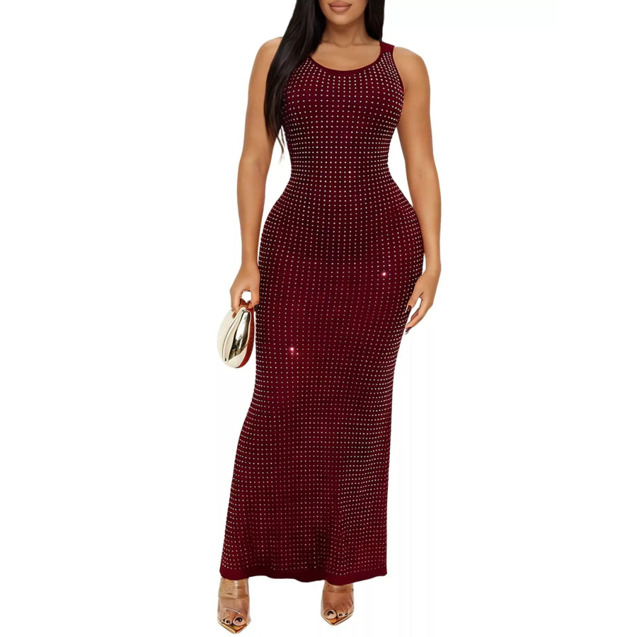 Sleeveless Rhinestone Embellished Bodycon Maxi Dress Burgundy / S Apparel and Accessories