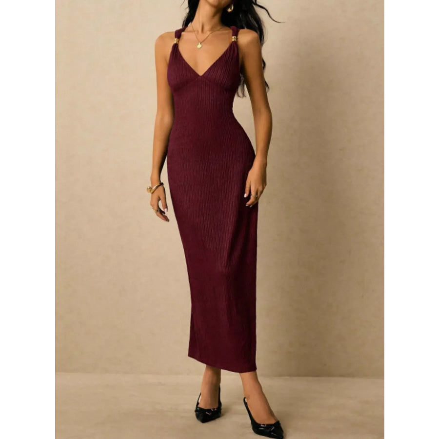 Sleeveless Ribbed Knit Midi Dress Burgundy / S Apparel and Accessories