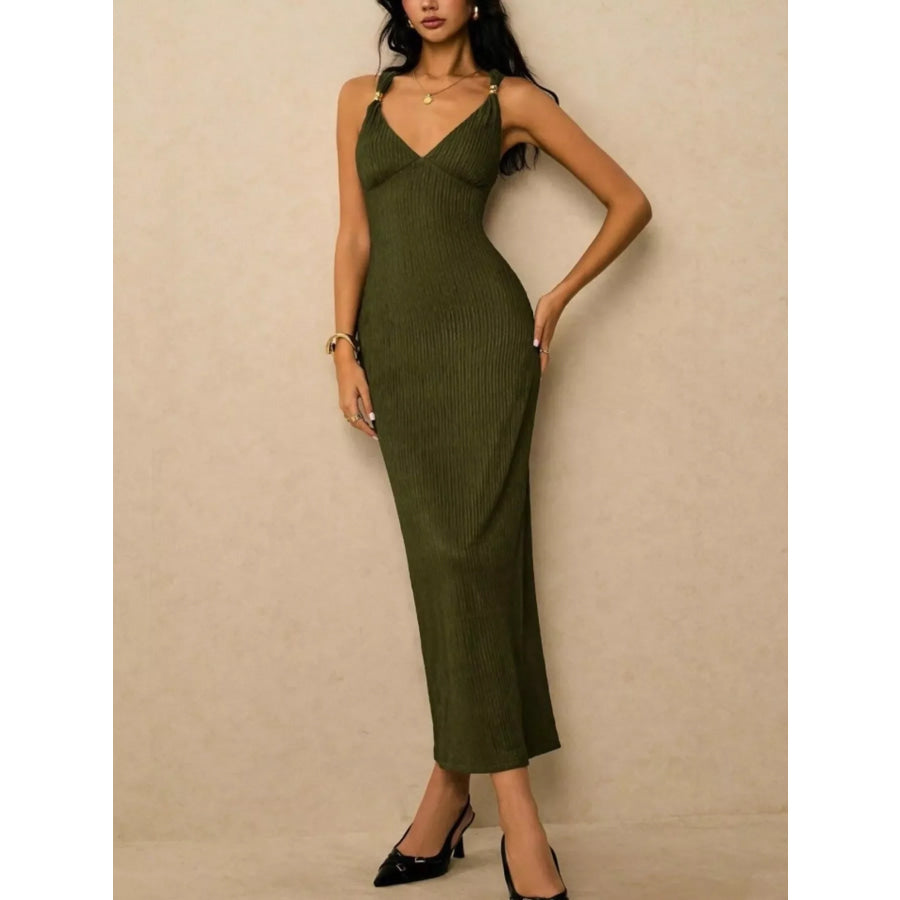 Sleeveless Ribbed Knit Midi Dress Olive / S Apparel and Accessories