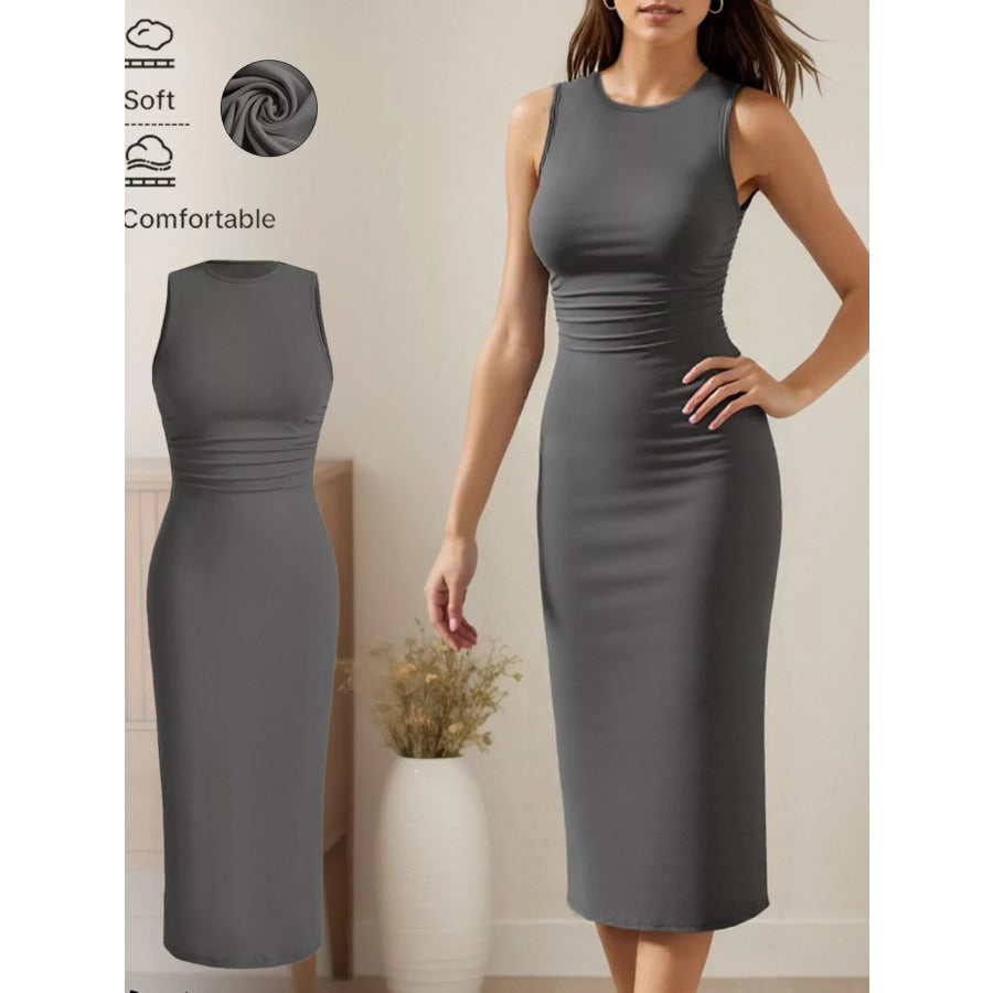 Sleeveless Round Neck Midi Dress Grey / S Apparel and Accessories