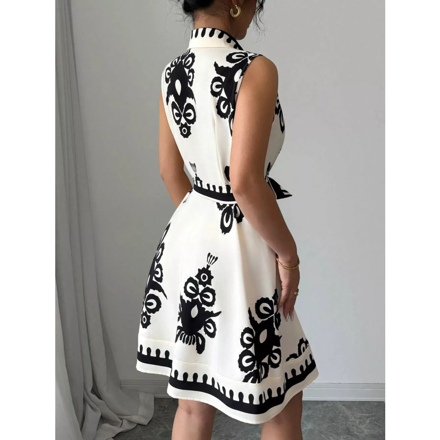 Sleeveless Ruched Printed Tie Waist Dress Apparel and Accessories