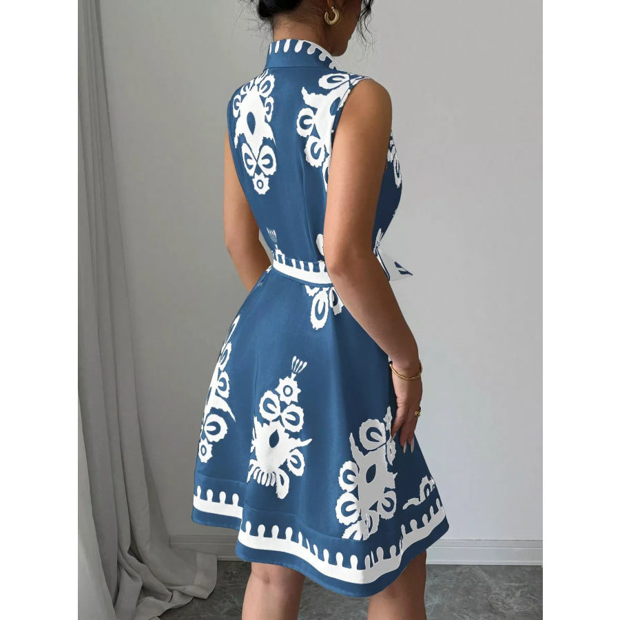 Sleeveless Ruched Printed Tie Waist Dress Apparel and Accessories