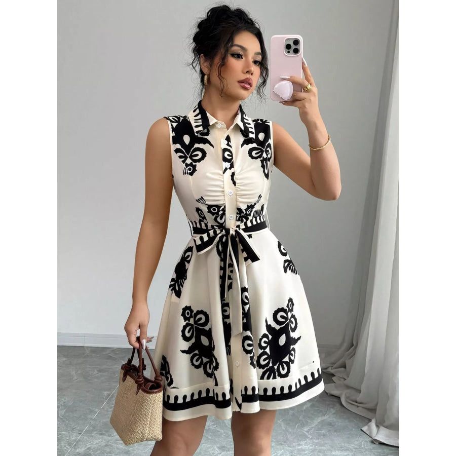 Sleeveless Ruched Printed Tie Waist Dress Apparel and Accessories