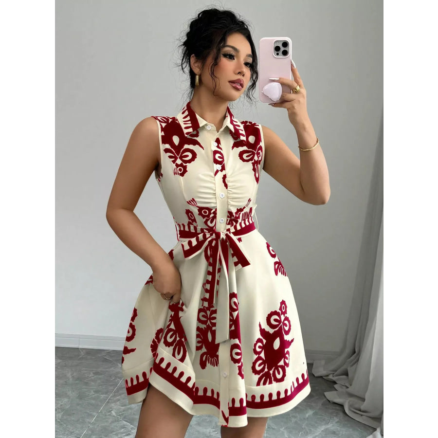 Sleeveless Ruched Printed Tie Waist Dress Apparel and Accessories