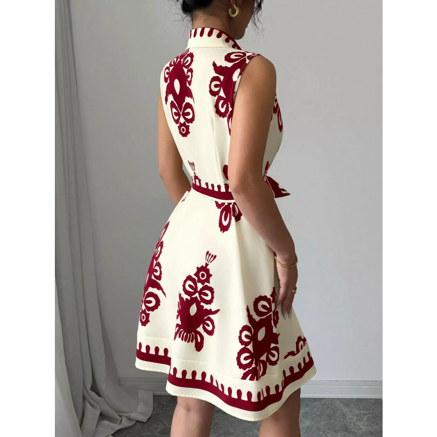 Sleeveless Ruched Printed Tie Waist Dress Apparel and Accessories