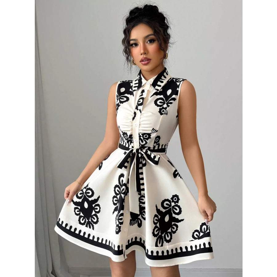 Sleeveless Ruched Printed Tie Waist Dress Black / S Apparel and Accessories