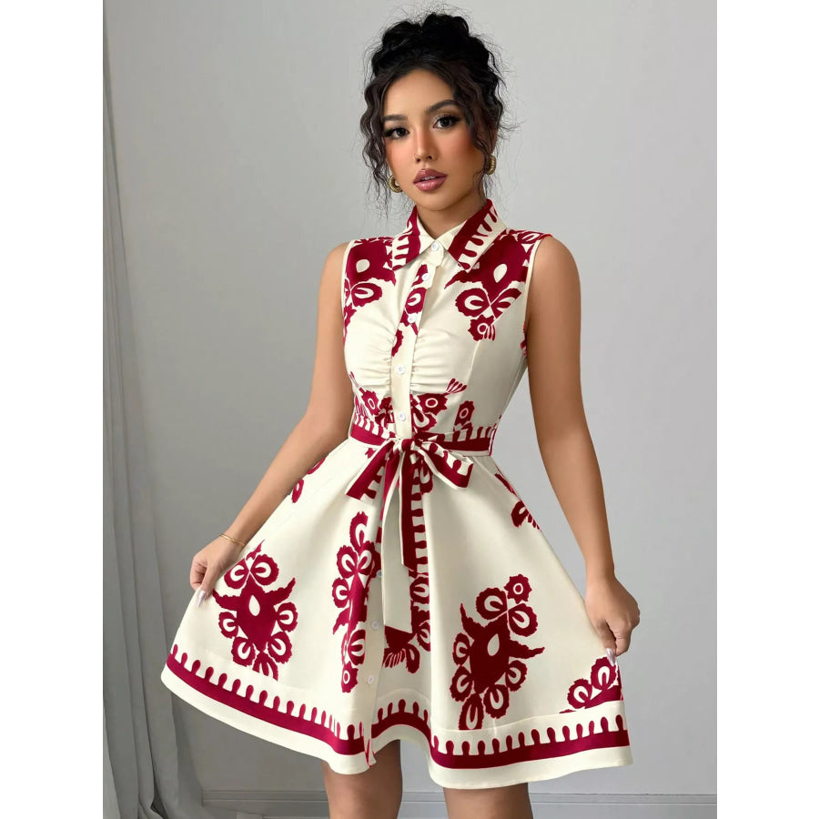 Sleeveless Ruched Printed Tie Waist Dress Burgundy / S Apparel and Accessories