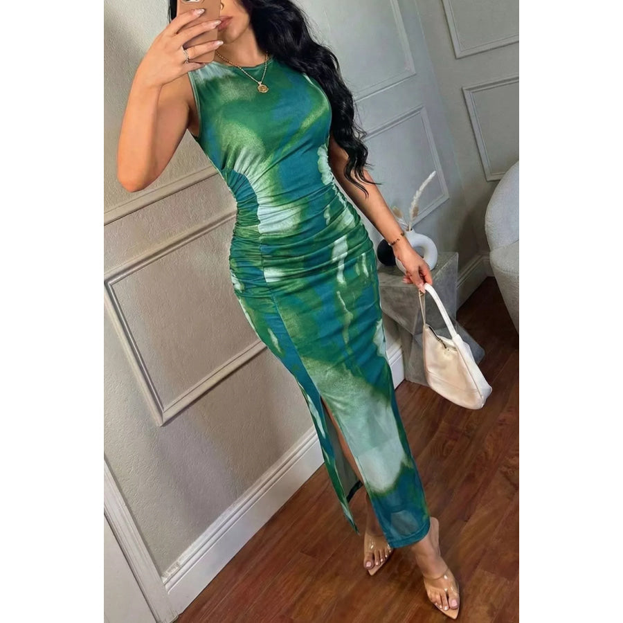 Sleeveless Ruched Tie-Dye Maxi Dress Apparel and Accessories