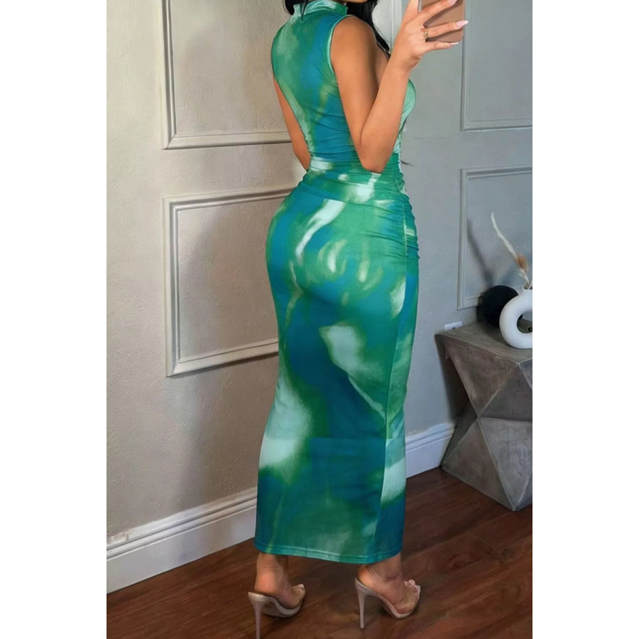 Sleeveless Ruched Tie-Dye Maxi Dress Apparel and Accessories