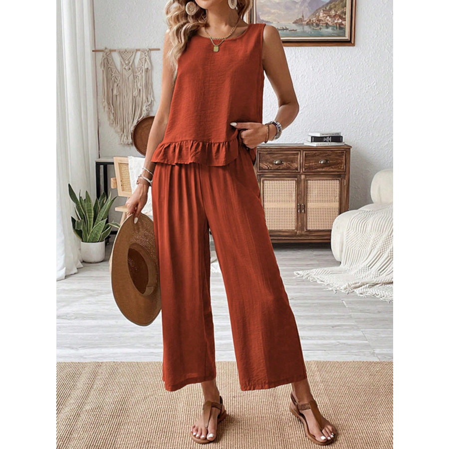 Sleeveless Ruffle Hem Tank and Wide Leg Two-Piece Set Apparel and Accessories