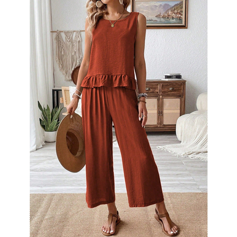 Sleeveless Ruffle Hem Tank and Wide Leg Two-Piece Set Terracotta / S Apparel and Accessories