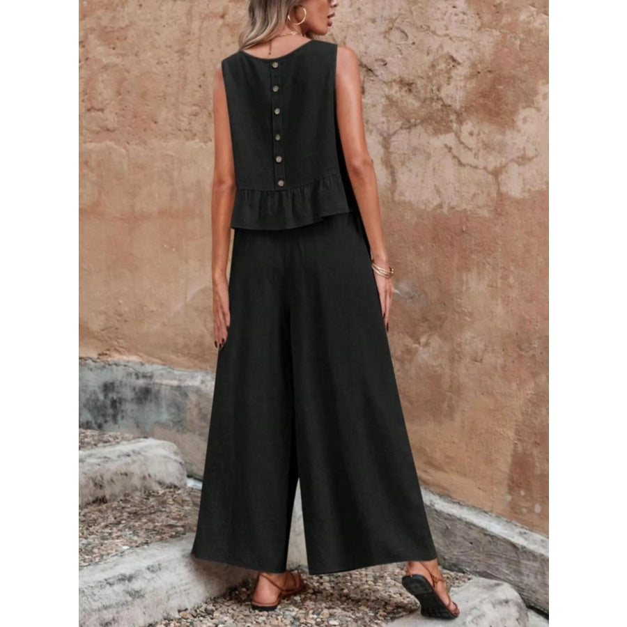 Sleeveless Ruffle Hem Top and Wide Leg Pants Two-Piece Set Apparel and Accessories