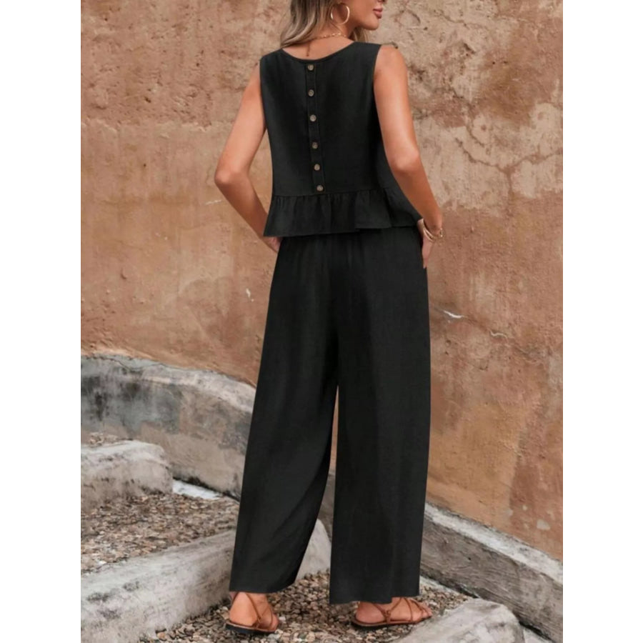 Sleeveless Ruffle Hem Top and Wide Leg Pants Two-Piece Set Apparel and Accessories