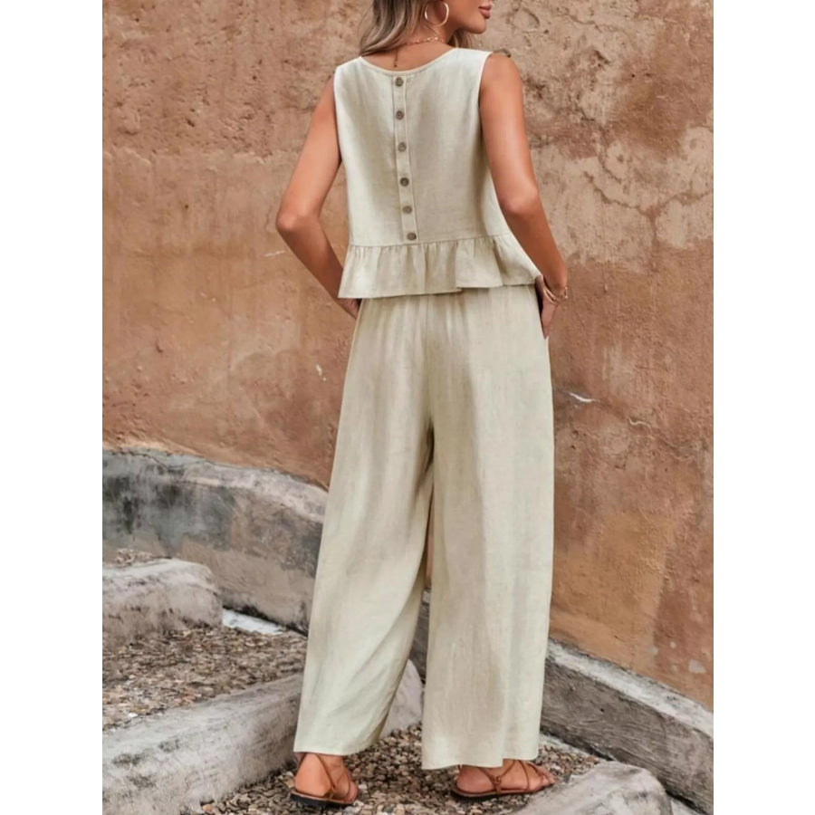 Sleeveless Ruffle Hem Top and Wide Leg Pants Two-Piece Set Apparel and Accessories