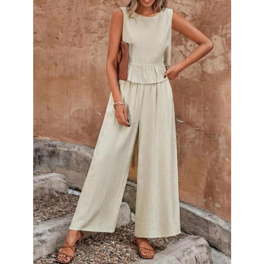 Sleeveless Ruffle Hem Top and Wide Leg Pants Two-Piece Set Apparel and Accessories