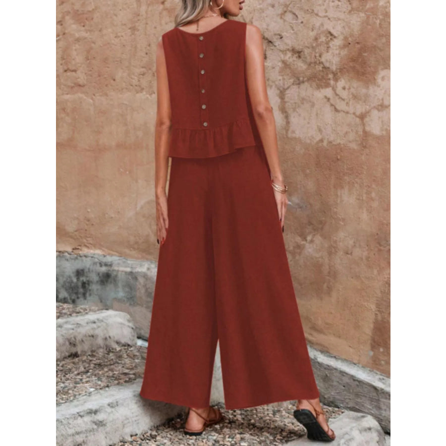 Sleeveless Ruffle Hem Top and Wide Leg Pants Two-Piece Set Apparel and Accessories