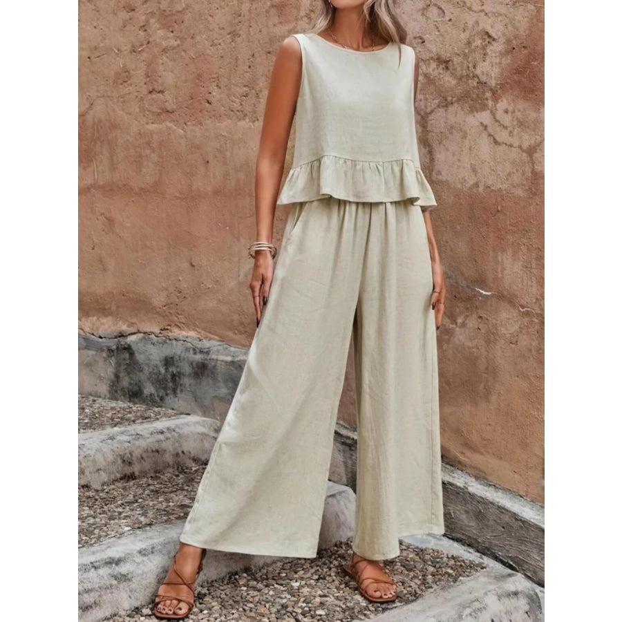 Sleeveless Ruffle Hem Top and Wide Leg Pants Two-Piece Set Apparel and Accessories