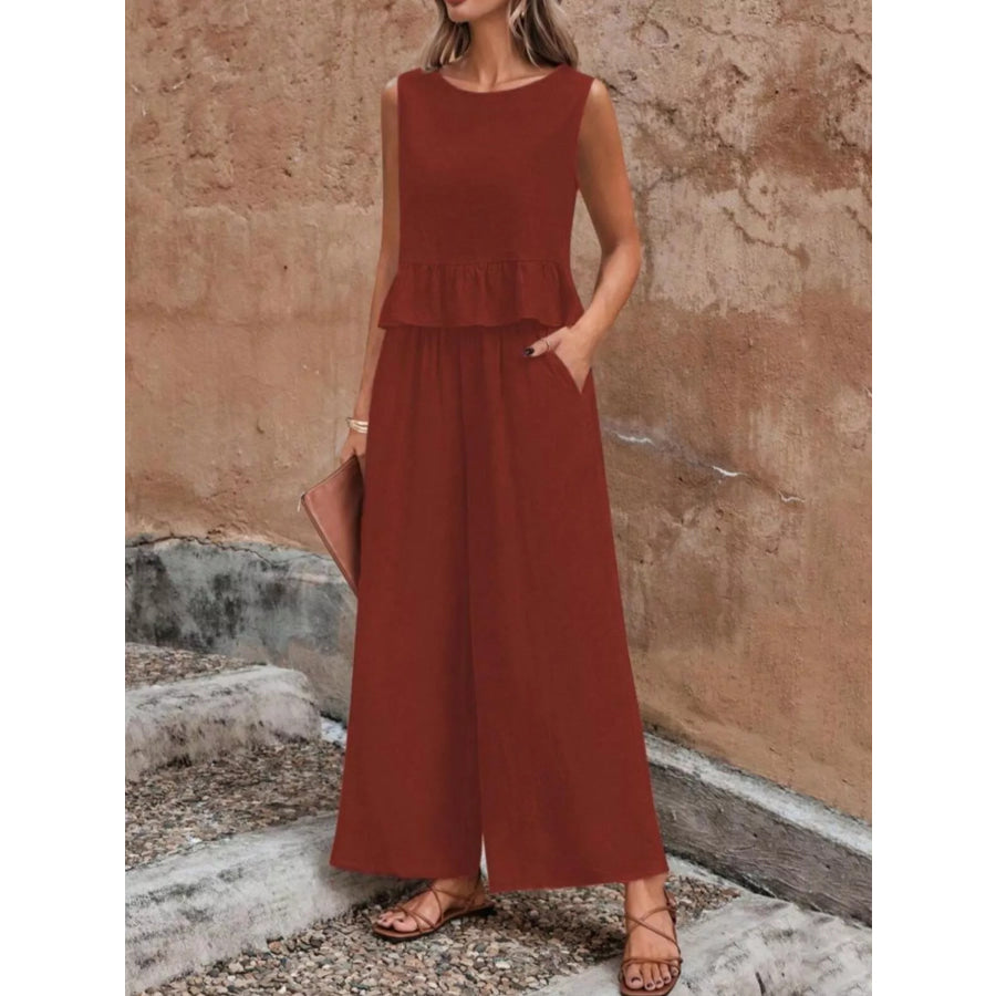 Sleeveless Ruffle Hem Top and Wide Leg Pants Two-Piece Set Apparel and Accessories