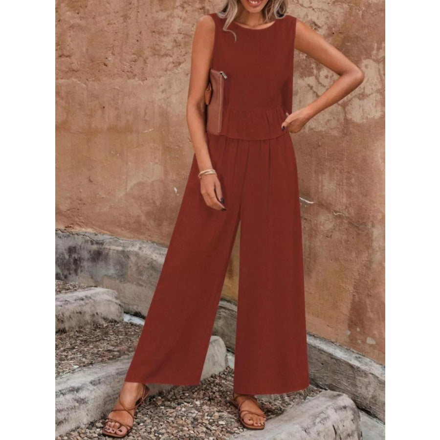 Sleeveless Ruffle Hem Top and Wide Leg Pants Two-Piece Set Apparel and Accessories