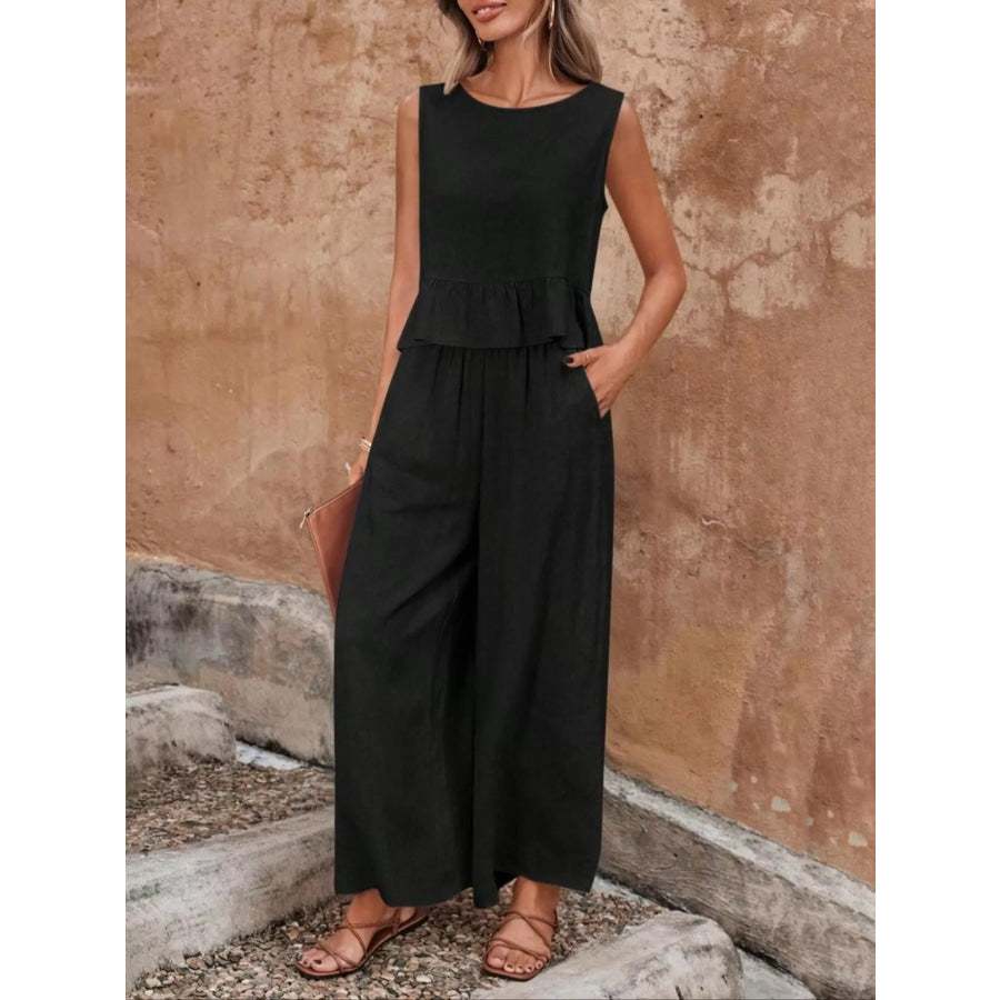 Sleeveless Ruffle Hem Top and Wide Leg Pants Two-Piece Set Apparel and Accessories