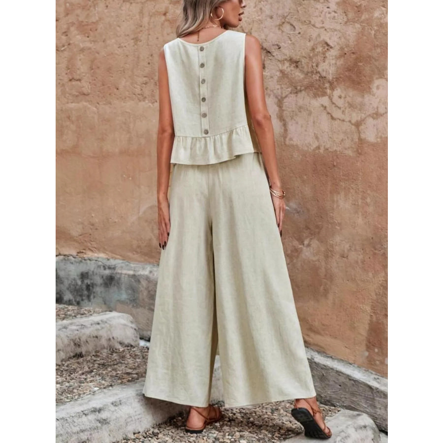 Sleeveless Ruffle Hem Top and Wide Leg Pants Two-Piece Set Apparel and Accessories