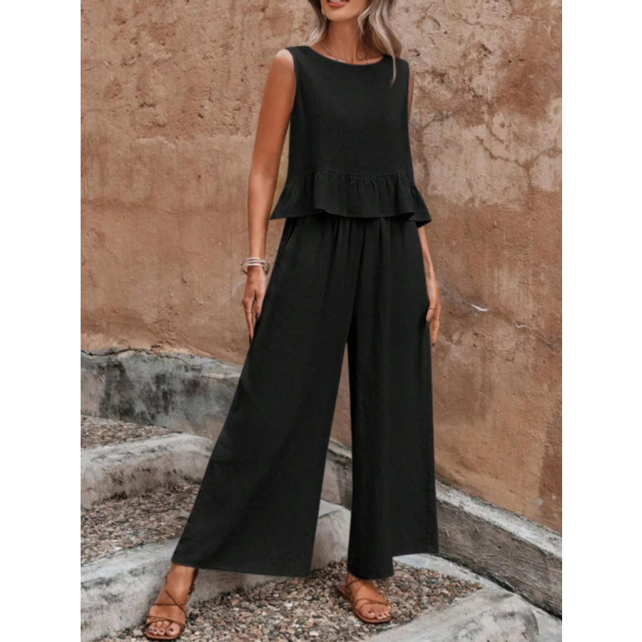 Sleeveless Ruffle Hem Top and Wide Leg Pants Two-Piece Set Apparel and Accessories