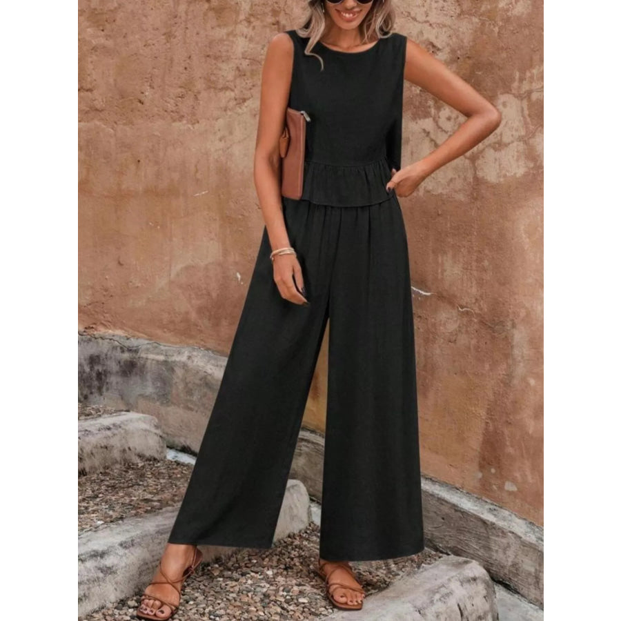 Sleeveless Ruffle Hem Top and Wide Leg Pants Two-Piece Set Apparel and Accessories